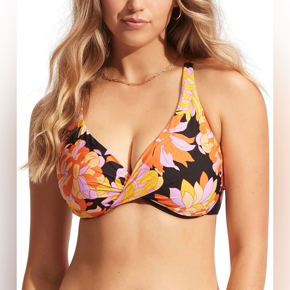 Seafolly NWOT Palm Floral Print Bikini Top Only Palmsprings Black US Size 4